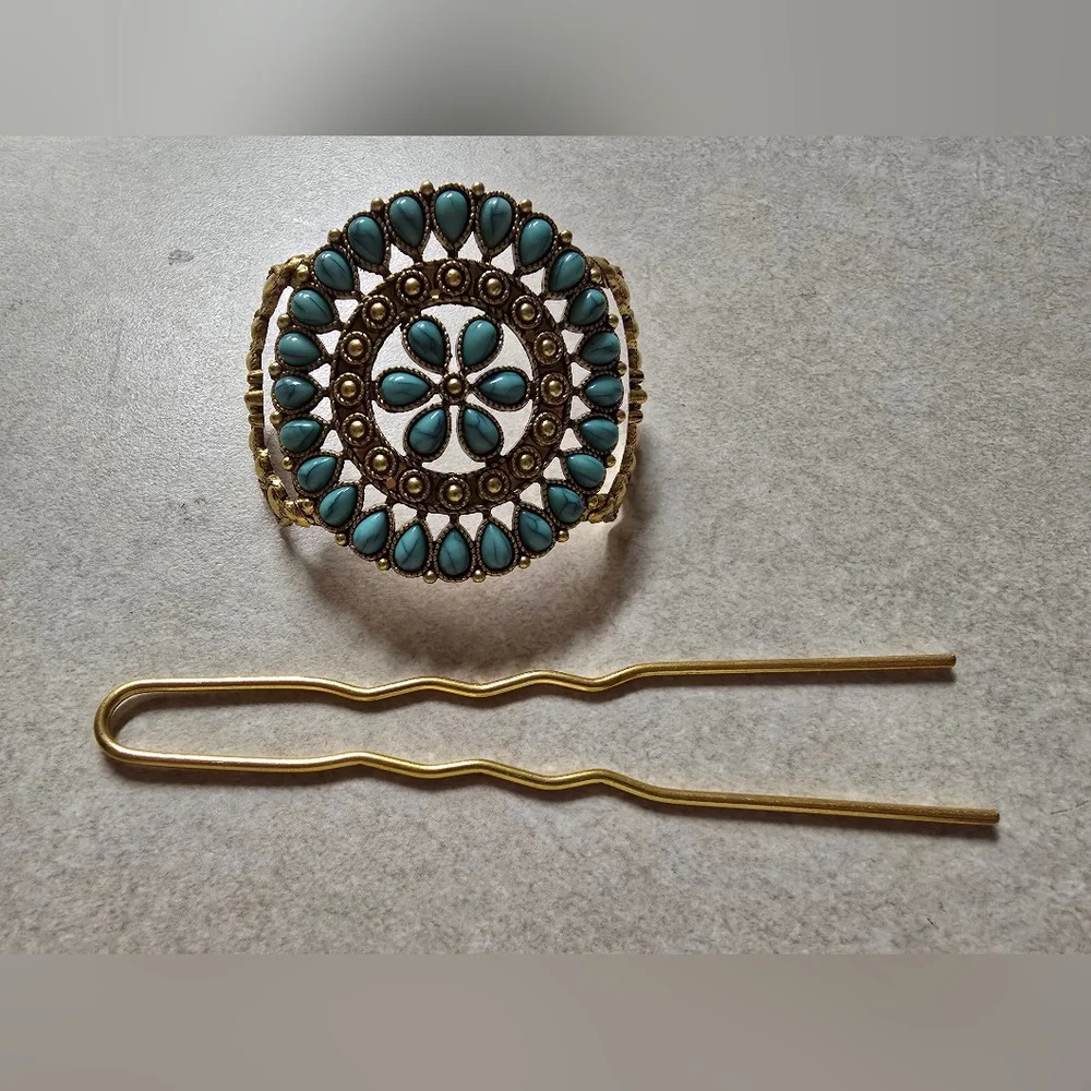 Gold and Turquoise Hair Clip - Picture 6 of 6